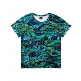 Детская футболка 3D с принтом Морская пучина в Белгороде, 100% гипоаллергенный полиэфир | прямой крой, круглый вырез горловины, длина до линии бедер, чуть спущенное плечо, ткань немного тянется | Тематика изображения на принте: абстракция | волны | зеленый | круг | линии | море | полосы | синий