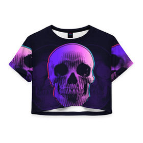 Женская футболка 3D укороченная с принтом Токсичный череп в Белгороде, 100% полиэстер | круглая горловина, длина футболки до линии талии, рукава с отворотами | 3d | 3д | голограмма | иллюзия | кости | розовый | синий | скелет | ультра | фиолетовый | череп | черный
