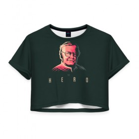 Женская футболка 3D укороченная с принтом Stan Lee The hero в Белгороде, 100% полиэстер | круглая горловина, длина футболки до линии талии, рукава с отворотами | Тематика изображения на принте: lee | stan | stan lee | стен | стен ли