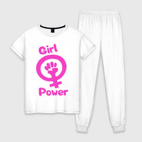 Женская пижама хлопок с принтом Girl Power в Белгороде, 100% хлопок | брюки и футболка прямого кроя, без карманов, на брюках мягкая резинка на поясе и по низу штанин | женская | за баб | кулак | начало | независимость | сила | феминизм | энергия