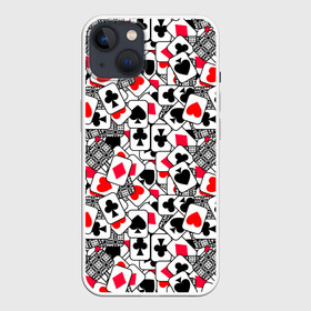 Чехол для iPhone 13 с принтом Игральные карты в Белгороде,  |  | cards | casino | coons | cross | game | hearts | playing | poker | spades | suit | буны | графика | игра | игральные | иллюстрация | казино | картинка | карты | коллаж | крести | масть | мода | пики | покер | разбросаны | рисунок | рубашка