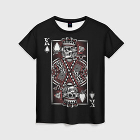 Женская футболка 3D с принтом Король пик в Белгороде, 100% полиэфир ( синтетическое хлопкоподобное полотно) | прямой крой, круглый вырез горловины, длина до линии бедер | game | king | poker | spades | suit | графика | игра | игральная | иллюстрация | казино | карта | картинка | коллаж | король | корона | мантия | масть | мода | орнамент | пики | покер | разбросаны | рисунок | символ