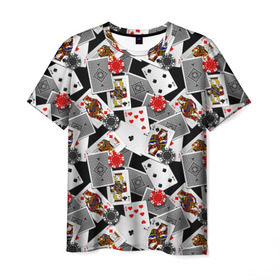 Мужская футболка 3D с принтом Игральные карты в Белгороде, 100% полиэфир | прямой крой, круглый вырез горловины, длина до линии бедер | буны | вольты | графика | дамы | десятки | игра | игральные | иллюстрация | казино | картинка | карты | коллаж | короли | красные | крести | масть | мода | орнамент | пики | покер | разбросаны | рисунок