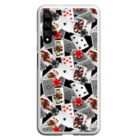 Чехол для Honor 20 с принтом Игральные карты в Белгороде, Силикон | Область печати: задняя сторона чехла, без боковых панелей | буны | вольты | графика | дамы | десятки | игра | игральные | иллюстрация | казино | картинка | карты | коллаж | короли | красные | крести | масть | мода | орнамент | пики | покер | разбросаны | рисунок