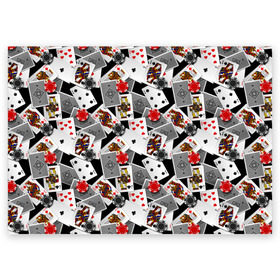 Поздравительная открытка с принтом Игральные карты в Белгороде, 100% бумага | плотность бумаги 280 г/м2, матовая, на обратной стороне линовка и место для марки
 | буны | вольты | графика | дамы | десятки | игра | игральные | иллюстрация | казино | картинка | карты | коллаж | короли | красные | крести | масть | мода | орнамент | пики | покер | разбросаны | рисунок