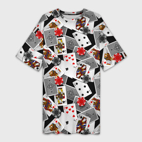 Платье-футболка 3D с принтом Игральные карты в Белгороде,  |  | Тематика изображения на принте: буны | вольты | графика | дамы | десятки | игра | игральные | иллюстрация | казино | картинка | карты | коллаж | короли | красные | крести | масть | мода | орнамент | пики | покер | разбросаны | рисунок