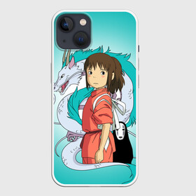 Чехол для iPhone 13 с принтом Тихиро и Хаку зеленый фон в Белгороде,  |  | anime | spirited away | аниме | дракон | миядзаки | мультфильм | сэн | тихиро | унесённые призраками | хаку