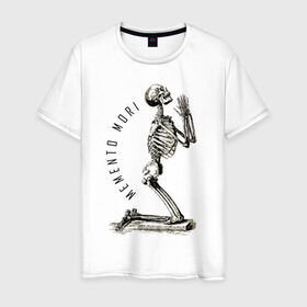 Мужская футболка хлопок с принтом Memento mori в Белгороде, 100% хлопок | прямой крой, круглый вырез горловины, длина до линии бедер, слегка спущенное плечо. | cool | creative | design | fashion | hype | life | quote | skeleton | skull | vanguard | wisdom | авангард | жизнь | креатив | круто | мода | мудрость | память | скелет | философия | хайп | цитата | череп