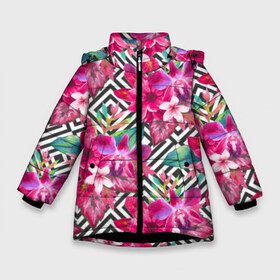 Зимняя куртка для девочек 3D с принтом Тропические цветы в Белгороде, ткань верха — 100% полиэстер; подклад — 100% полиэстер, утеплитель — 100% полиэстер. | длина ниже бедра, удлиненная спинка, воротник стойка и отстегивающийся капюшон. Есть боковые карманы с листочкой на кнопках, утяжки по низу изделия и внутренний карман на молнии. 

Предусмотрены светоотражающий принт на спинке, радужный светоотражающий элемент на пуллере молнии и на резинке для утяжки. | Тематика изображения на принте: big | арт | крупные арты | крупные принты | сумаcшедшие арты