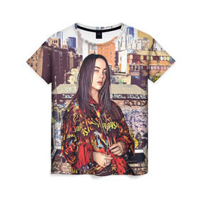 Женская футболка 3D с принтом Billie Eilish в Белгороде, 100% полиэфир ( синтетическое хлопкоподобное полотно) | прямой крой, круглый вырез горловины, длина до линии бедер | билли айлиш | певица