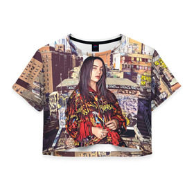 Женская футболка 3D укороченная с принтом Billie Eilish в Белгороде, 100% полиэстер | круглая горловина, длина футболки до линии талии, рукава с отворотами | билли айлиш | певица