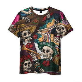 Мужская футболка 3D с принтом Мексиканская Вечеринка в Белгороде, 100% полиэфир | прямой крой, круглый вырез горловины, длина до линии бедер | party | амиго | маракасы | мексика | мехико | скелет | сомбреро | текила | черепа