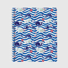 Тетрадь с принтом Киты и дельфины в Белгороде, 100% бумага | 48 листов, плотность листов — 60 г/м2, плотность картонной обложки — 250 г/м2. Листы скреплены сбоку удобной пружинной спиралью. Уголки страниц и обложки скругленные. Цвет линий — светло-серый
 | animals | background | boats | fashion | hearts | paper | sea | style | text | water | вода | волны | графика | дельфины | детский | иллюстрация | картинка | мода | море | морские | надпись | океан | орнамент | полоски | пуговицы | пунктир