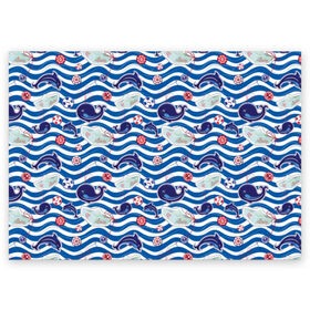 Поздравительная открытка с принтом Киты и дельфины в Белгороде, 100% бумага | плотность бумаги 280 г/м2, матовая, на обратной стороне линовка и место для марки
 | animals | background | boats | fashion | hearts | paper | sea | style | text | water | вода | волны | графика | дельфины | детский | иллюстрация | картинка | мода | море | морские | надпись | океан | орнамент | полоски | пуговицы | пунктир
