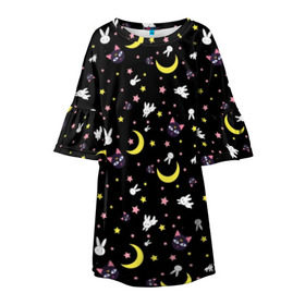 Детское платье 3D с принтом Sailor Moon Pattern в Белгороде, 100% полиэстер | прямой силуэт, чуть расширенный к низу. Круглая горловина, на рукавах — воланы | аниме | детский | зайчик | зая | звезды | кролик | луна в матроске | матросска | месяц | милота | милый | небо | паттерн | сейлор мун | черный