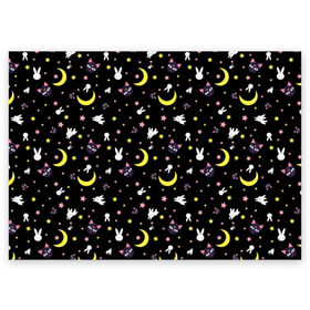 Поздравительная открытка с принтом Sailor Moon Pattern в Белгороде, 100% бумага | плотность бумаги 280 г/м2, матовая, на обратной стороне линовка и место для марки
 | Тематика изображения на принте: аниме | детский | зайчик | зая | звезды | кролик | луна в матроске | матросска | месяц | милота | милый | небо | паттерн | сейлор мун | черный