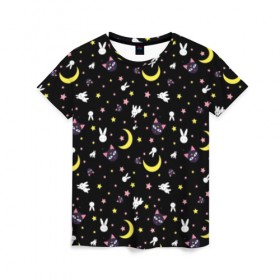 Женская футболка 3D с принтом Sailor Moon Pattern в Белгороде, 100% полиэфир ( синтетическое хлопкоподобное полотно) | прямой крой, круглый вырез горловины, длина до линии бедер | аниме | детский | зайчик | зая | звезды | кролик | луна в матроске | матросска | месяц | милота | милый | небо | паттерн | сейлор мун | черный