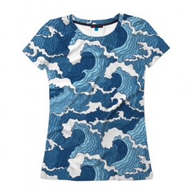 Женская футболка 3D с принтом Морские волны в Белгороде, 100% полиэфир ( синтетическое хлопкоподобное полотно) | прямой крой, круглый вырез горловины, длина до линии бедер | background | blue | drawing | element | fashion | foam | graphics | illustration | ocean | picture | sea | storm | style | water | waves | wind | ветер | вода | волны | графика | иллюстрация | картинка | мода | море | морские | океан | пена | ри