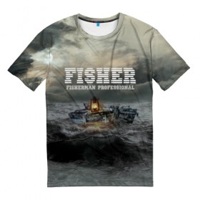 Мужская футболка 3D с принтом Профессиональный рыбак в Белгороде, 100% полиэфир | прямой крой, круглый вырез горловины, длина до линии бедер | fish | fisher | fisherman | fishman | анорак | костюм для рыбалки | костюм рыбака | лодка | непогода | подарок рыбаку | профессиональный рыбак | рыба | рыбаку | рыбалка | рыбацкая | шторм | шхуна