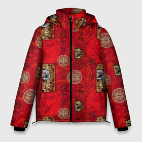 Мужская зимняя куртка 3D с принтом Китайский орнамент в Белгороде, верх — 100% полиэстер; подкладка — 100% полиэстер; утеплитель — 100% полиэстер | длина ниже бедра, свободный силуэт Оверсайз. Есть воротник-стойка, отстегивающийся капюшон и ветрозащитная планка. 

Боковые карманы с листочкой на кнопках и внутренний карман на молнии. | Тематика изображения на принте: background | bamboo | bra | dragons | drawing | fashion | gold | illustration | pattern | picture | red | style | text | бамбук | блеск | блики | ветки | графика | драконы | золото | иероглифы | иллюстрация | картинка | китайский | красный | марки | мода 