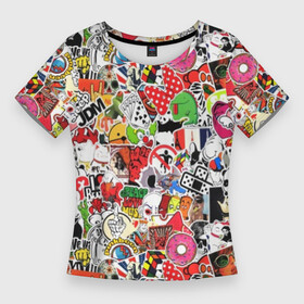 Женская футболка 3D Slim с принтом Sticker Bombing в Белгороде,  |  | supreme | бантик | газировка | деньги | диски | кола | кости | кубик рубика | мода | молодежный | музыка | мульт | наклейка | остороно | пончики | стикер | суприм | тренд | уточка | хаос | череп