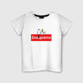Детская футболка хлопок с принтом Snoopreme в Белгороде, 100% хлопок | круглый вырез горловины, полуприлегающий силуэт, длина до линии бедер | snoopy | supreme | бигль | комиксы | мода | мульт | надпись | пес | птенец | птица | снупи | собака | суприм | тренд | щенок