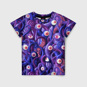 Детская футболка 3D с принтом Щупальца с глазами в Белгороде, 100% гипоаллергенный полиэфир | прямой крой, круглый вырез горловины, длина до линии бедер, чуть спущенное плечо, ткань немного тянется | Тематика изображения на принте: aliens | backgro | blue | cartoons | children | eyes | fashion | funny | monsters | purple | scary | style | весёлые | глаза | графика | детский | иллюстрация | инопланетяне | картинка | красные | мода | орнамент | персонажи | пришельцы | рисунок