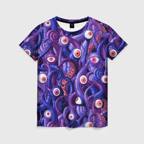 Женская футболка 3D с принтом Щупальца с глазами в Белгороде, 100% полиэфир ( синтетическое хлопкоподобное полотно) | прямой крой, круглый вырез горловины, длина до линии бедер | aliens | backgro | blue | cartoons | children | eyes | fashion | funny | monsters | purple | scary | style | весёлые | глаза | графика | детский | иллюстрация | инопланетяне | картинка | красные | мода | орнамент | персонажи | пришельцы | рисунок