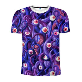 Мужская футболка 3D спортивная с принтом Щупальца с глазами в Белгороде, 100% полиэстер с улучшенными характеристиками | приталенный силуэт, круглая горловина, широкие плечи, сужается к линии бедра | Тематика изображения на принте: aliens | backgro | blue | cartoons | children | eyes | fashion | funny | monsters | purple | scary | style | весёлые | глаза | графика | детский | иллюстрация | инопланетяне | картинка | красные | мода | орнамент | персонажи | пришельцы | рисунок