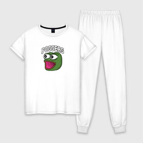 Женская пижама хлопок с принтом Pepe в Белгороде, 100% хлопок | брюки и футболка прямого кроя, без карманов, на брюках мягкая резинка на поясе и по низу штанин | bad | dab | frog | good | kek | make pepe great again | pepe | sad | sad frog | vote for pepe | кек | лягушка | мем | мемы | пепе | со смыслом | фрог
