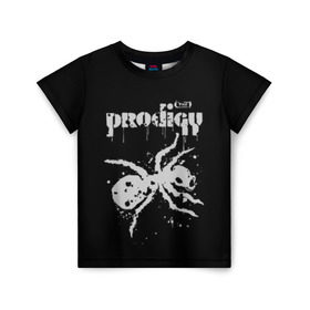 Детская футболка 3D с принтом The Prodigy логотип в Белгороде, 100% гипоаллергенный полиэфир | прямой крой, круглый вырез горловины, длина до линии бедер, чуть спущенное плечо, ткань немного тянется | Тематика изображения на принте: 2019 | album | art | break | dance | logo | music | prodigy | брейк | граффити | группа | заставка | лого | логотип | музыка | муравей | новый альбом | обложка альбома | продиджи
