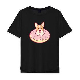 Мужская футболка хлопок Oversize с принтом Корги Пончик в Белгороде, 100% хлопок | свободный крой, круглый ворот, “спинка” длиннее передней части | dog | donut | kawaii | вкусняшка | выпечка | еда | лапочка | милый | мимими | пес | песик | сладкий | собака | щенок