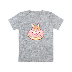 Детская футболка хлопок с принтом Корги Пончик в Белгороде, 100% хлопок | круглый вырез горловины, полуприлегающий силуэт, длина до линии бедер | dog | donut | kawaii | вкусняшка | выпечка | еда | лапочка | милый | мимими | пес | песик | сладкий | собака | щенок