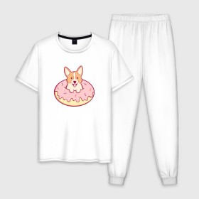 Мужская пижама хлопок с принтом Корги Пончик в Белгороде, 100% хлопок | брюки и футболка прямого кроя, без карманов, на брюках мягкая резинка на поясе и по низу штанин
 | dog | donut | kawaii | вкусняшка | выпечка | еда | лапочка | милый | мимими | пес | песик | сладкий | собака | щенок