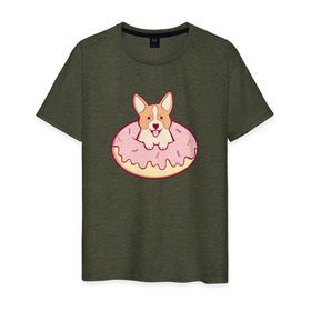 Мужская футболка хлопок с принтом Корги Пончик в Белгороде, 100% хлопок | прямой крой, круглый вырез горловины, длина до линии бедер, слегка спущенное плечо. | dog | donut | kawaii | вкусняшка | выпечка | еда | лапочка | милый | мимими | пес | песик | сладкий | собака | щенок