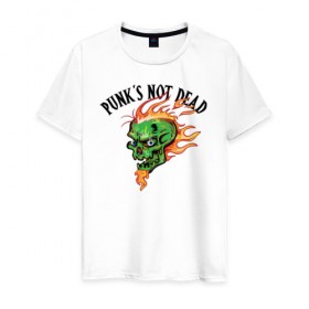 Мужская футболка хлопок с принтом Punk`s not dead в Белгороде, 100% хлопок | прямой крой, круглый вырез горловины, длина до линии бедер, слегка спущенное плечо. | beard | cool | creative | death | design | eyes | fire | flame | green | hype | music | punk | skull | vanguard | авангард | борода | глаза | дизайн | зеленый | креатив | круто | музыка | огонь | панк | пламя | хайп | череп