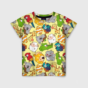 Детская футболка 3D с принтом Зоопарк в Белгороде, 100% гипоаллергенный полиэфир | прямой крой, круглый вырез горловины, длина до линии бедер, чуть спущенное плечо, ткань немного тянется | девочке | детская | детям | дочке | животные | жираф | зоопарк | коала | крокодил | лев | мальчику | попугай | разноцветная | ребенку | рыбка