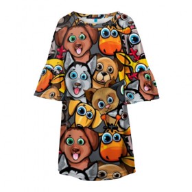 Детское платье 3D с принтом Веселые собаки в Белгороде, 100% полиэстер | прямой силуэт, чуть расширенный к низу. Круглая горловина, на рукавах — воланы | бульдог | голубые глаза | доберман | животные | жирафы | котики | милые | олени | разноцветные | собаки | хаски | яркие