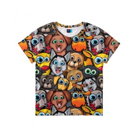 Детская футболка 3D с принтом Веселые собаки в Белгороде, 100% гипоаллергенный полиэфир | прямой крой, круглый вырез горловины, длина до линии бедер, чуть спущенное плечо, ткань немного тянется | бульдог | голубые глаза | доберман | животные | жирафы | котики | милые | олени | разноцветные | собаки | хаски | яркие