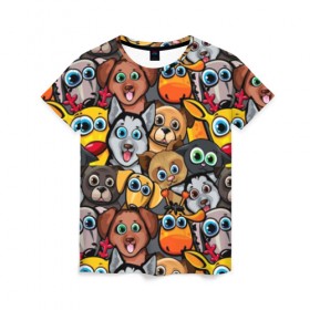 Женская футболка 3D с принтом Веселые собаки в Белгороде, 100% полиэфир ( синтетическое хлопкоподобное полотно) | прямой крой, круглый вырез горловины, длина до линии бедер | бульдог | голубые глаза | доберман | животные | жирафы | котики | милые | олени | разноцветные | собаки | хаски | яркие