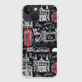 Чехол для iPhone 13 mini с принтом Лондон в Белгороде,  |  | Тематика изображения на принте: butterfly | car | england | fashion | london | queen | style | taxi | tree | uk | англия | бабочка | башня | великобритания | галстук | город | графика | дерево | дизайн | дождь | картинка | королева | лондон | машина | мода | надпись