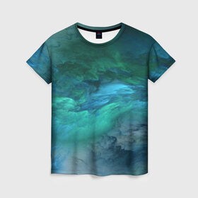 Женская футболка 3D с принтом Изумрудные Облака в Белгороде, 100% полиэфир ( синтетическое хлопкоподобное полотно) | прямой крой, круглый вырез горловины, длина до линии бедер | abstraction | абстракция | голубые | живопись | искусство | космос | краска | краски | облако | пар | природа | смешение красок | созвездие | стихия | туман | туманность