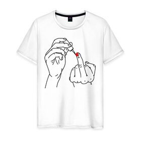 Мужская футболка хлопок с принтом Девушка красит ногти в Белгороде, 100% хлопок | прямой крой, круглый вырез горловины, длина до линии бедер, слегка спущенное плечо. | жест | контур | лак | линии | маникюр | ноготь | отвали | палец | рука