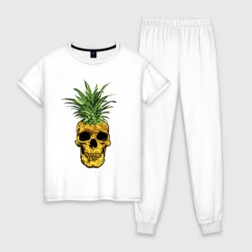 Женская пижама хлопок с принтом Ананас в Белгороде, 100% хлопок | брюки и футболка прямого кроя, без карманов, на брюках мягкая резинка на поясе и по низу штанин | cool | creative | design | fruit | green | hype | new york | pineapple | skull | summer | supreme | vanguard | vegan | авангард | ананас | дизайн | зеленый | креатив | круто | лето | фрукт | хайп | череп