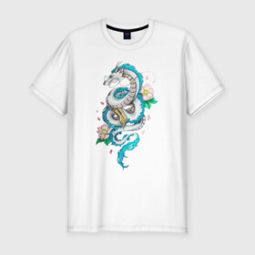 Мужская футболка хлопок Slim с принтом Дракон Хаку в цветах в Белгороде, 92% хлопок, 8% лайкра | приталенный силуэт, круглый вырез ворота, длина до линии бедра, короткий рукав | аниме | безликий | сэн и таинственное исчезновение тихиро | унесённые призраками | хаку | хаяо миядзаки