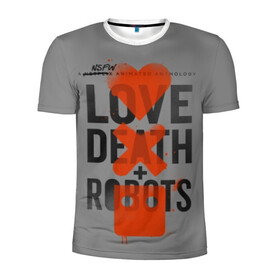 Мужская футболка 3D спортивная с принтом LoveD+R в Белгороде, 100% полиэстер с улучшенными характеристиками | приталенный силуэт, круглая горловина, широкие плечи, сужается к линии бедра | Тематика изображения на принте: death | love death + robots | netflix | robots | любовь | нетфликс | роботы | сериал