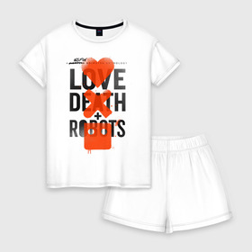 Женская пижама с шортиками хлопок с принтом LOVE DEATH + ROBOTS в Белгороде, 100% хлопок | футболка прямого кроя, шорты свободные с широкой мягкой резинкой | death | love death + robots | netflix | robots | любовь | нетфликс | роботы | сериал