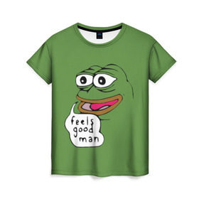 Женская футболка 3D с принтом Feels Good Man в Белгороде, 100% полиэфир ( синтетическое хлопкоподобное полотно) | прямой крой, круглый вырез горловины, длина до линии бедер | pepe | pepe frog | зеленая лягушка | лягушка | пепе