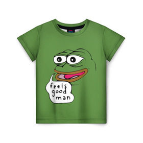 Детская футболка 3D с принтом Feels Good Man в Белгороде, 100% гипоаллергенный полиэфир | прямой крой, круглый вырез горловины, длина до линии бедер, чуть спущенное плечо, ткань немного тянется | Тематика изображения на принте: pepe | pepe frog | зеленая лягушка | лягушка | пепе