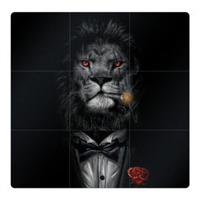 Магнитный плакат 3Х3 с принтом Лев в смокинге в Белгороде, Полимерный материал с магнитным слоем | 9 деталей размером 9*9 см | Тематика изображения на принте: бабочка | грива | грозный | лев | роза | серьезный | хищник | царь | церь зверей
